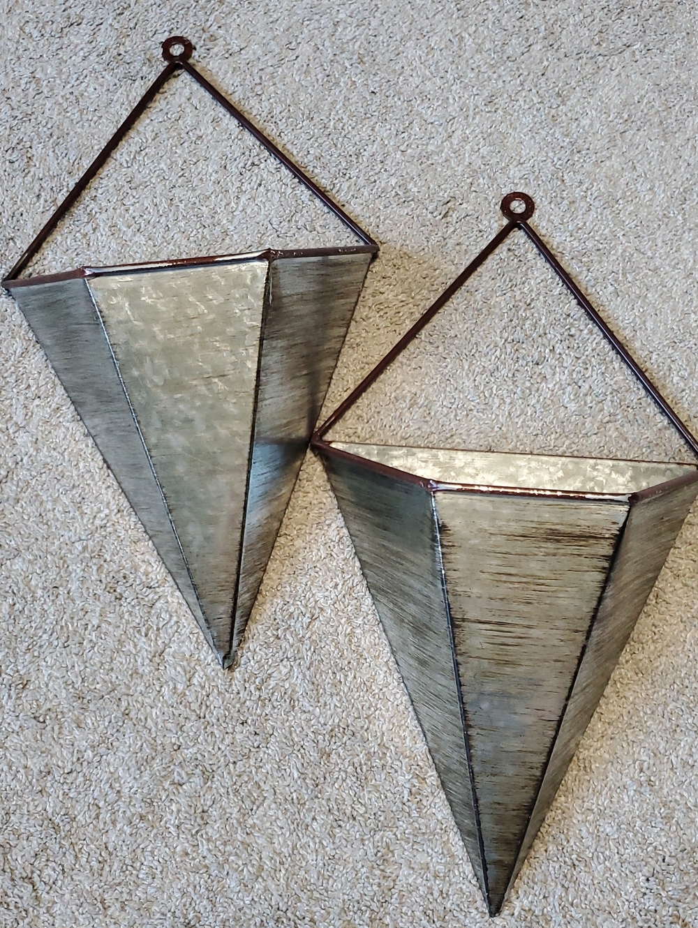 Metal Geometric Wall Planter Pair in Brushed Antique Silver